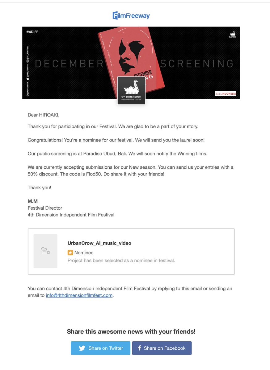 平方宏明 (@hirakatahiroaki) on Twitter photo Amazing news! "UrbanCrow_AI_music_video" was just selected Nominee by <a href="/4D_FilmFest/">4th Dimension Independent Film Festival</a> via FilmFreeway.com! - Amazing news! "UrbanCrow_AI_music_video" was just selected Nominee by <a href="/4D_FilmFest/">4th Dimension Independent Film Festival</a> via FilmFreeway.com! -