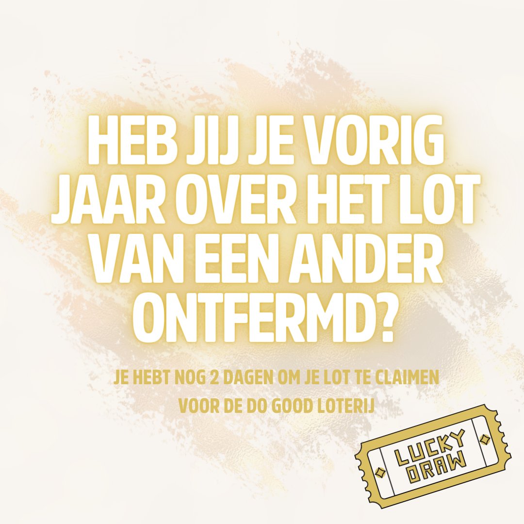 Reminder: Je lot wacht op je!
Met jouw lot maak je kans op één van de 5.000 prijzen. Van dagjes weg tot een hotelovernachting en zelfs een fiets.

Je hebt nog 2 dagen om jouw lot op te halen 
goudvoorelkaar.nl/hulpvragen/295…
#VIPGouda# Vrijwilligerswerk# Gouda# Goudvoorelkaar