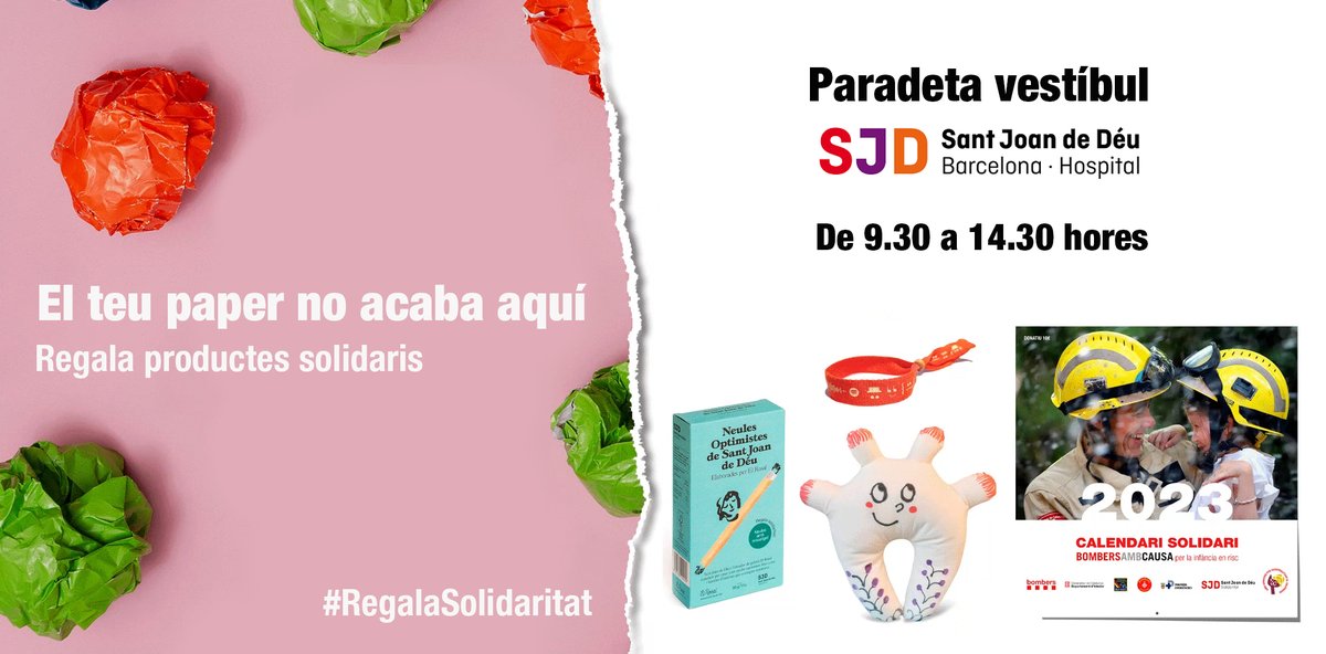 🎄 Fes que aquest #Nadal el teu paper no acabi aquí! Dona doble valor al teu #regal finançant projectes de Sant Joan de Déu. 

El 12, 13, 19, 20, 21 i 22 de desembre troba'ns al vestíbul de <a href="/SJDbarcelona_ca/">Hospital Sant Joan de Déu Barcelona CAT</a> de 9.30 a 14.30 hores!

❤️ #RegalaSolidaritat 👉 bit.ly/3ilpKca