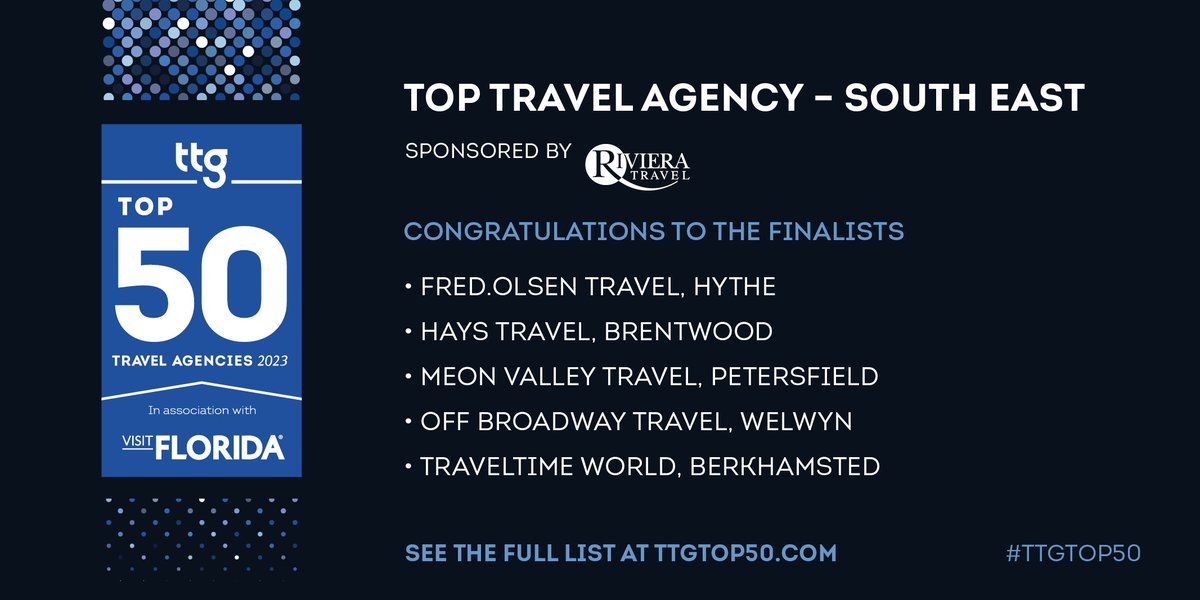 TTGMedia's tweet photo. Shortlisted for the 2023 top travel agency – South East region, sponsored by @RivieraTravelUK…

Fred.Olsen Travel, Hythe
@HaysTravel, Brentwood
@MeonValleyTrvl, Petersfield
@OffBroadwaytvl, Welwyn
@TravelTimeWorld, Berkhamsted

🎉 🙌 Well done &amp; good luck for 27 April!
#TTGTop50 https://t.co/Q1L1WqX18L