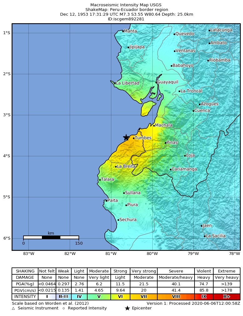 12 December 1953 17:31 UT
Mw7.3 #earthquake at Bocono Transform Fault, struck offshore Tumbes, NW Peru, near border with Ecuador, caused much destruction and killed 7 people. Felt as far as Quito and Lima.
https://t.co/Ud0VANyfiw
https://t.co/ONr4Mr3pKi
https://t.co/usoIX15o8k https://t.co/zY3aM6yy15