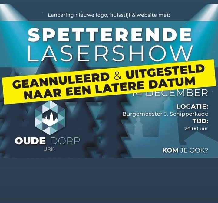 De lasershow van aanstaande woensdag wordt uitgesteld naar een latere datum. 

#OudUrk
#OudeDorp