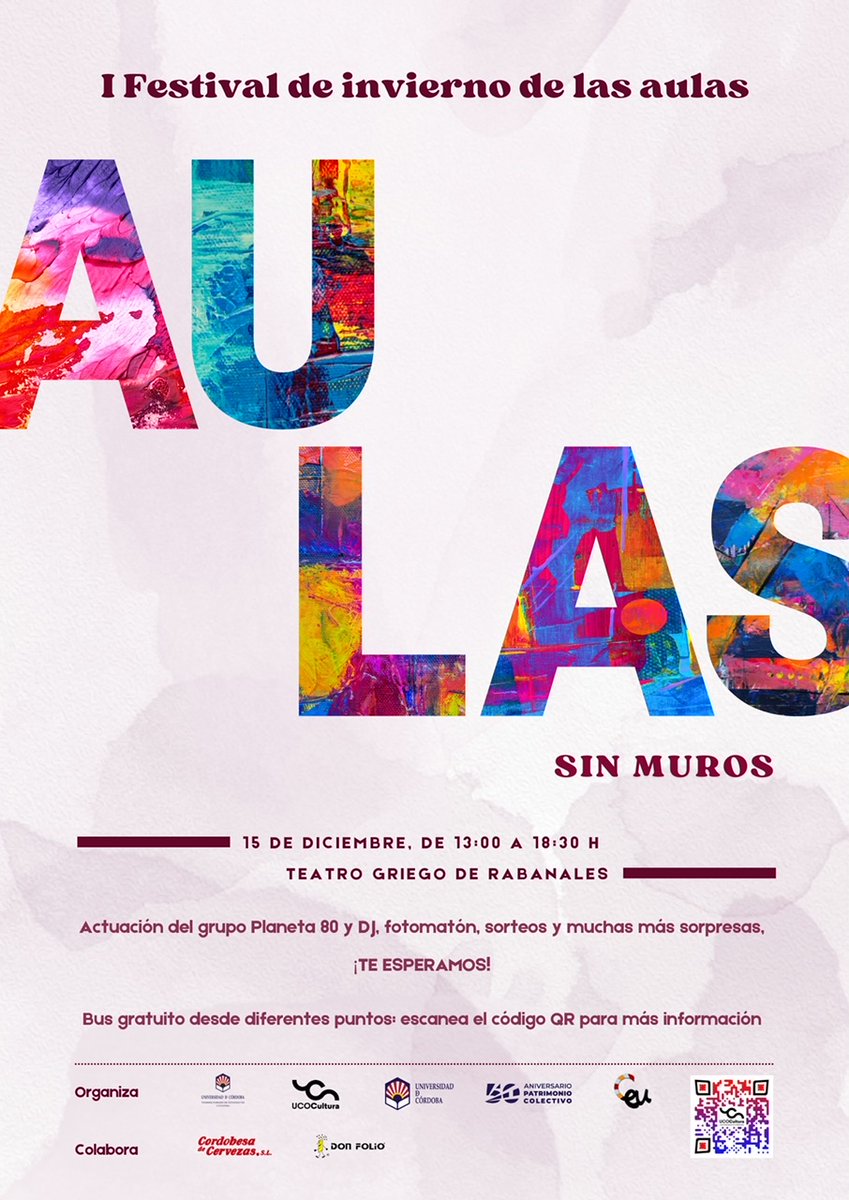 Aplazamiento del I Festival de Invierno de las Aulas por la alta probabilidad de lluvia prevista para el día 15 de diciembre.
Posible fecha de celebración: 16 de febrero 2023 <a href="/UCOCultura/">UCOCultura</a>, <a href="/Univcordoba/">Universidad Córdoba</a>, <a href="/vestudiantesUCO/">Vicerrectorado de Estudiantes y Cultura - UCO</a>