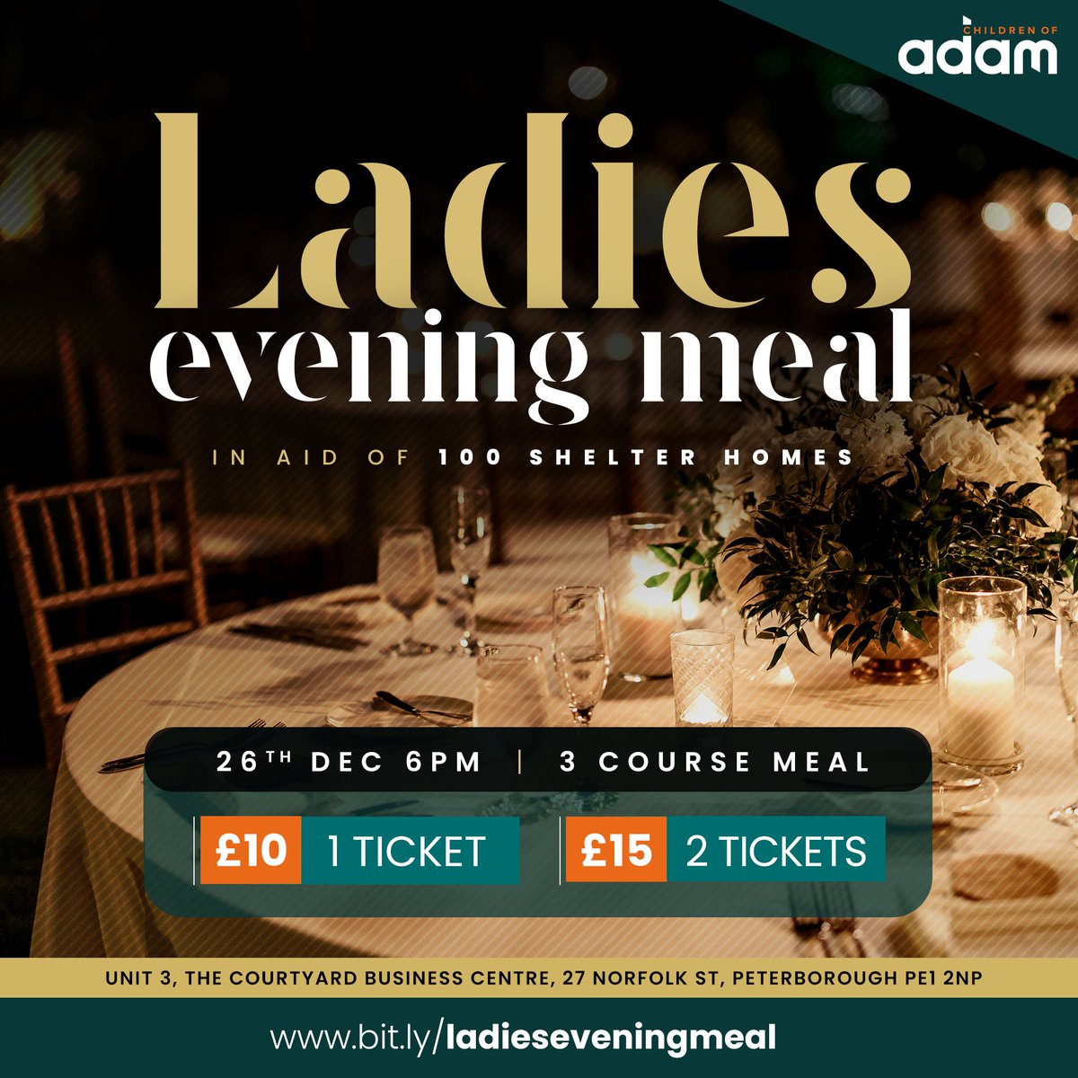 AdamsChildren's tweet photo. A 3 course, ladies only fundraising night in aid of shelter homes - together brick by brick we can make a difference! https://t.co/zG4VXAwLuz
Tickets: 1 Ticket (£10) or 2 Tickets (£15)
Date: Monday 26th December
Time: 6pm
Book now, https://t.co/zG4VXAwLuz https://t.co/1Z8kVVwZm8