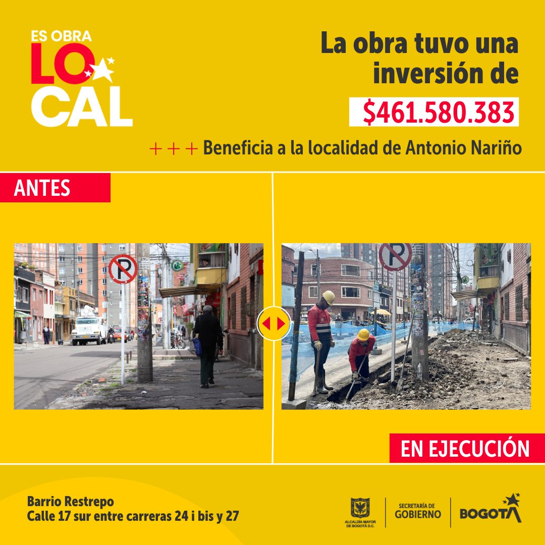 GobiernoBTA's tweet photo. En los dos últimos años, más de $929 millones han sido invertidos para mejorar la infraestructura de la localidad Antonio Nariño.🛣🏗⚙️

#ObraLocal sigue mejorando cada rincón de nuestra ciudad para brindarle espacios dignos a las y los bogotanos. 

¡Seguimos!✊🏽 https://t.co/nQc9YtbUy3