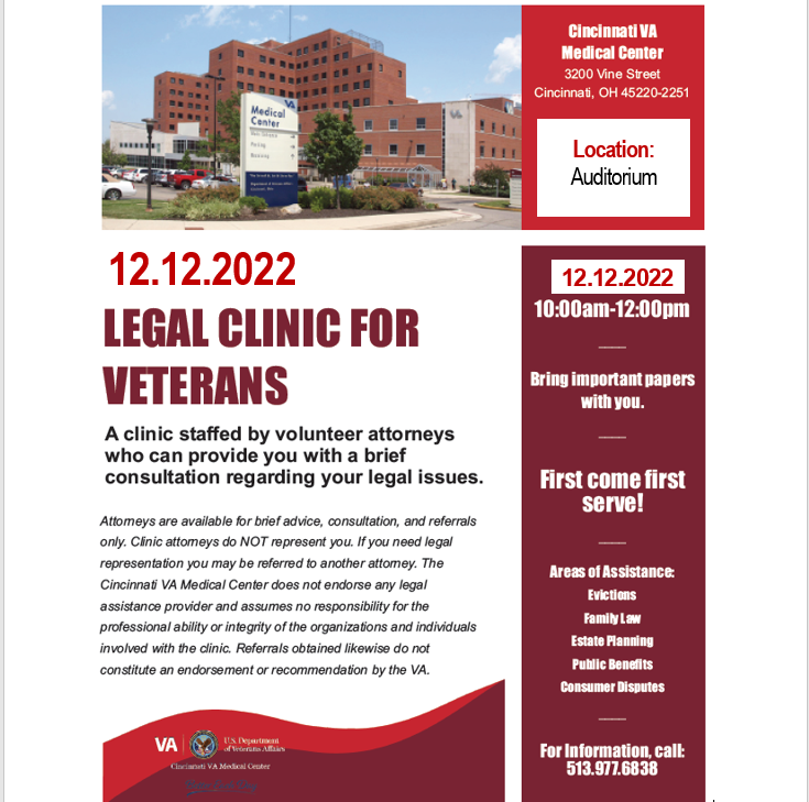 ProSeniorsInc's tweet photo. Are you a local veteran in need of legal advice?  Check out the free legal clinic at VA Medical Center on Monday, Dec. 12, from 10 AM to noon. Call 513.977.6838 for more information. 
#Veterans #VA #LegalAidWorks #Eviction #FamilyLaw #PublicBenefits #Debt https://t.co/81iw2HdbZC