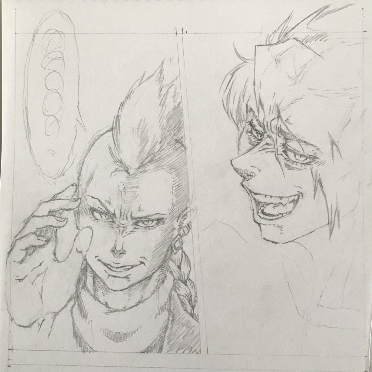 ⚠️顔あり
【メイキングのようなもの】
①直す前の方がゲスさ増し増しで好きだった(右)…手を加えたらもう元に戻せなかった。合掌🙏
②ウキウキで描き込んだ胸鎖乳突筋と喉仏と握り拳ィ‼︎💪
切歯をわざと一対多く描いています。このほうが格好がつくんだなって伊藤勢先生の漫画から学びました。 