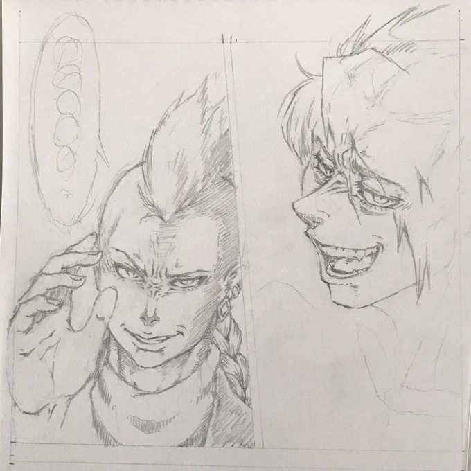 ⚠️顔あり
【メイキングのようなもの】
①直す前の方がゲスさ増し増しで好きだった(右)…手を加えたらもう元に戻せなかった。合掌🙏
②ウキウキで描き込んだ胸鎖乳突筋と喉仏と握り拳ィ‼︎💪
切歯をわざと一対多く描いています。このほうが格好がつくんだなって伊藤勢先生の漫画から学びました。 