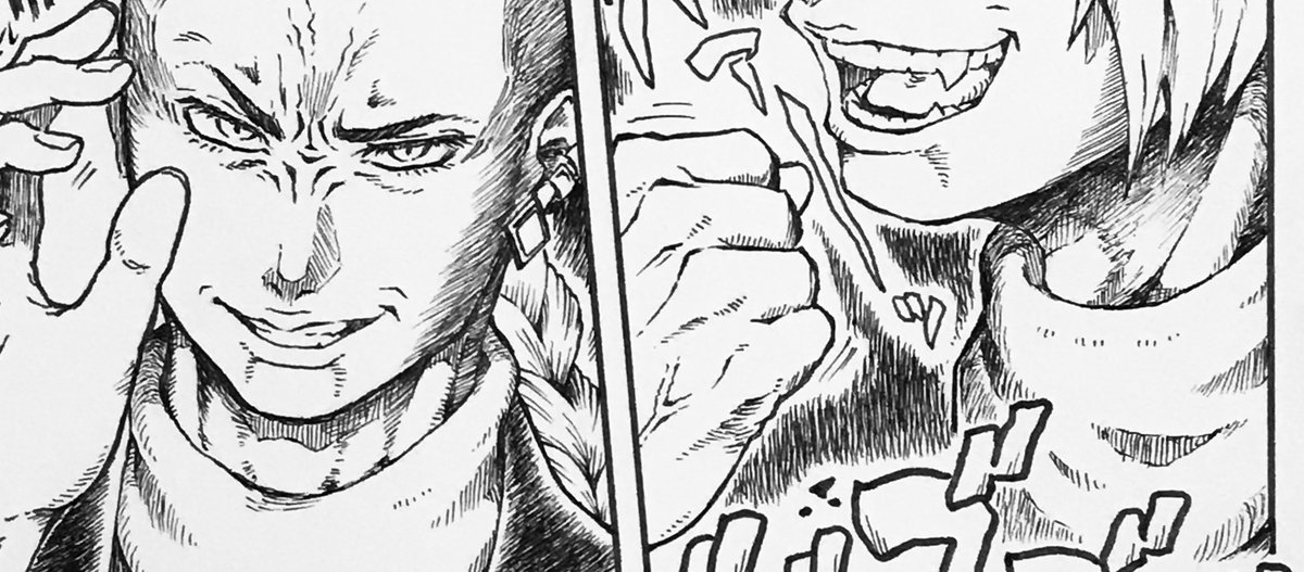 ⚠️顔あり
【メイキングのようなもの】
①直す前の方がゲスさ増し増しで好きだった(右)…手を加えたらもう元に戻せなかった。合掌🙏
②ウキウキで描き込んだ胸鎖乳突筋と喉仏と握り拳ィ‼︎💪
切歯をわざと一対多く描いています。このほうが格好がつくんだなって伊藤勢先生の漫画から学びました。 