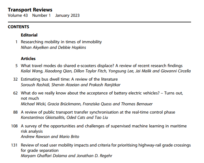 🚨 new issue alert 🚨
Have a look at our latest issue with great work from <a href="/nakyelken/">Nihan Akyelken</a> <a href="/DebbieHopkins_/">Debbie Hopkins</a> <a href="/wang_kailai/">Kailai Wang</a> <a href="/ysLeePhD/">Yongsung Lee</a> <a href="/CircellaG/">Giovanni Circella</a> @WickiMichael <a href="/bernauereth/">Thomas Bernauer</a> <a href="/CostasGkiots/">Konstantinos Gkiotsalitis</a> and many others.

The papers, including 5 OA papers can be found here: tandfonline.com/toc/ttrv20/43/…