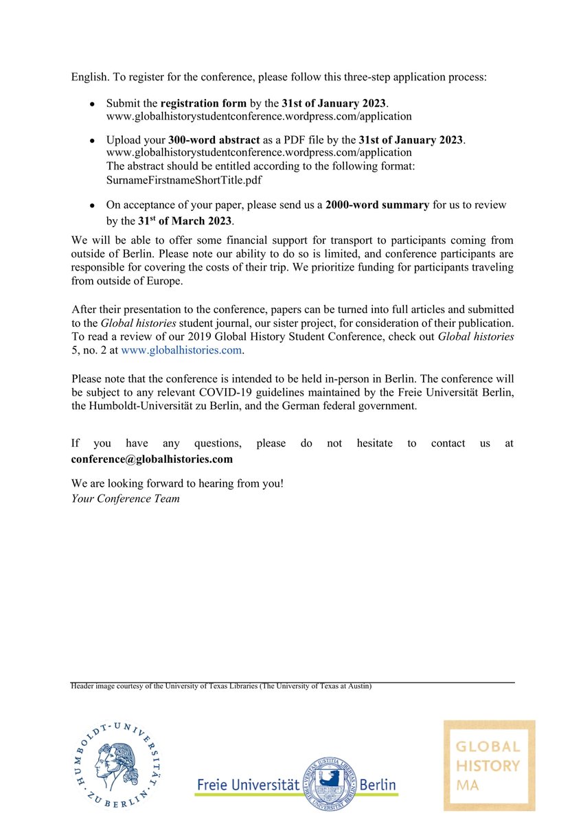 🔔🌎 Big Announcement: The call for the 2023 Global History Student Conference is open!! All students of #globalhistory who are interested in presenting their ideas (in Berlin!) please see our call below! Applications due 31st January! #twitterstorians
