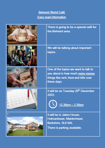 HealthwatchWAM's tweet photo. BELMONT  WORLD CAFÉ There will be information stands
to help you get the right support.
Tuesday 20th December
2022 at 12.30pm – 2.30pm
Take a look at posters https://t.co/Bpe6znUENr