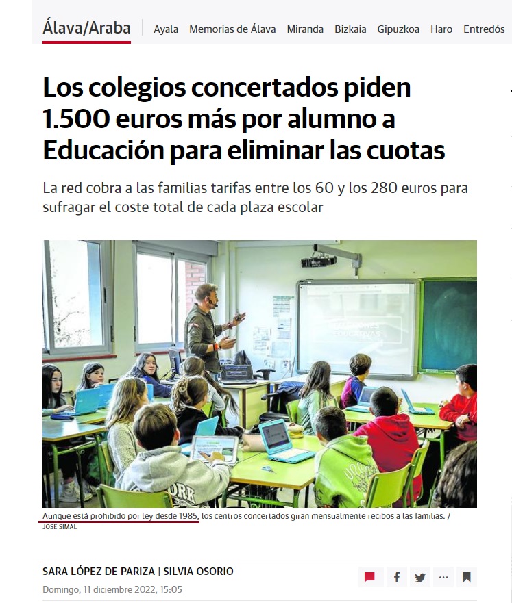 Negocios educativos que llevan 37 años con una ilegal doble vía de financiación, chantajean abiertamente al Gobierno (vasco, en este caso) para empezar a cumplir la Ley.

Ni un euro público a la Privada, no tenemos que pagarle una educación segregada a nadie, habiendo red pública