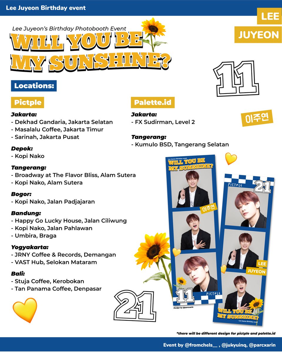 WILL YOU BE MY SUNSHINE? 🌻

The Boyz Juyeon’s birthday photoframe event by @parcxarin x <a href="/fromchels__/">chels</a> x <a href="/jukyuinq/">off</a>

📆 7 January - 21 January
📍 Pictple &amp; Palette._.id 
booth location details are on the picture!
#WillYouBeMySunshine