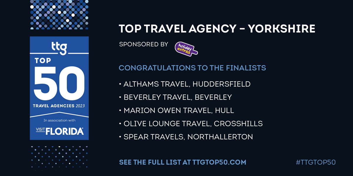 Congratulations agencies in the 2023 #TTGTop50 – Yorkshire shortlist, sponsored by <a href="/HXAgents/">Holiday Extras Agents</a>…

@AlthamsTravel, Huddersfield
<a href="/BeverleyTravel/">Beverley Travel</a>, Beverley
Marion Owen Travel, Hull
Olive Lounge Travel, Crosshills
<a href="/SpearTravels/">Spear Travels</a>, Northallerton

Good luck all! 🥂🕺