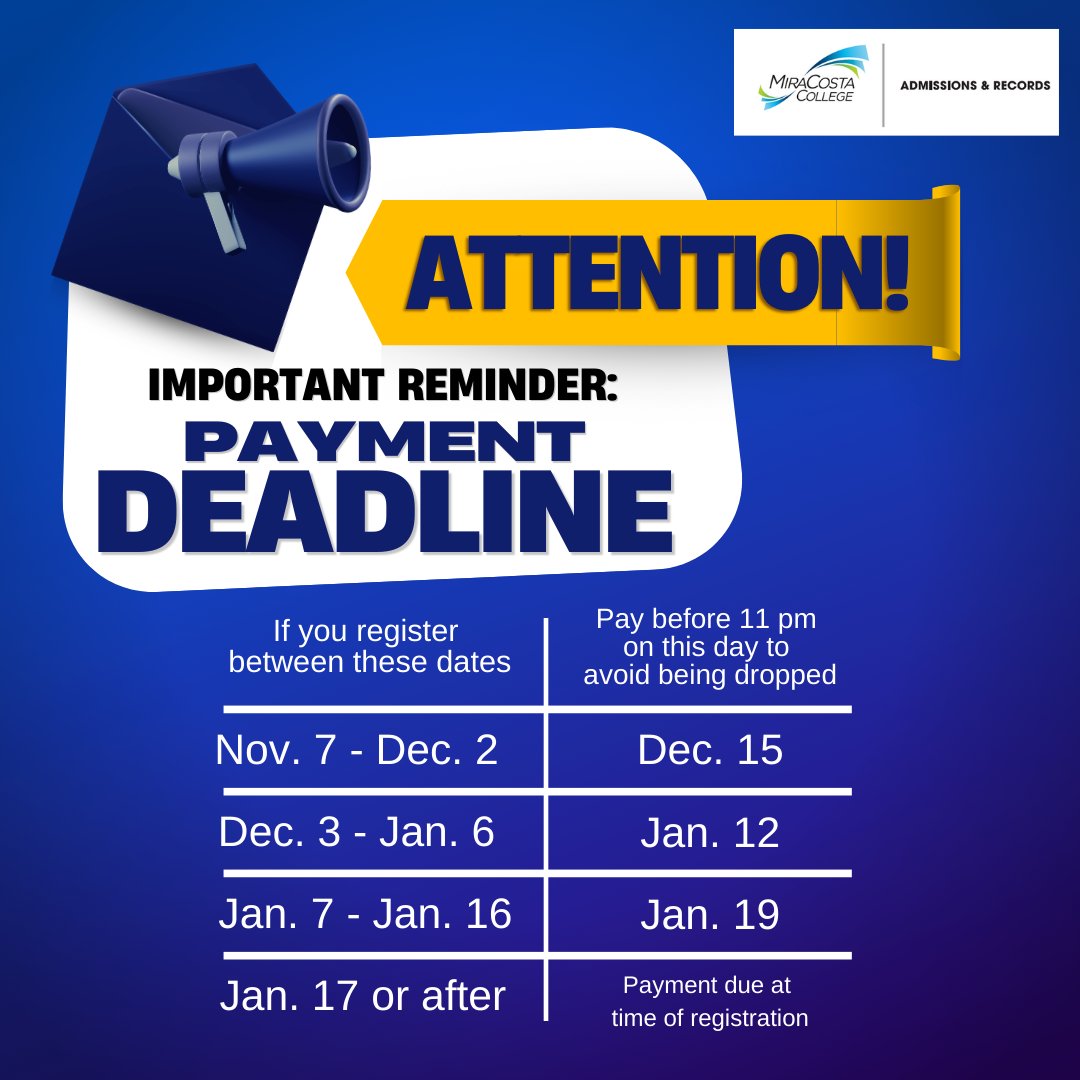 Student_Equity's tweet photo. For Spring 2023, check out the payment deadlines for classes: If you registered for classes between 11/7-12/2, deadline is 12/15. Registered between 12/3-1/6? Deadline is 1/12. Registered between 1/7-1/16? Deadline is 1/19. Registered 1/17 or later? Payment is due at registration https://t.co/sPFPK7DZIT