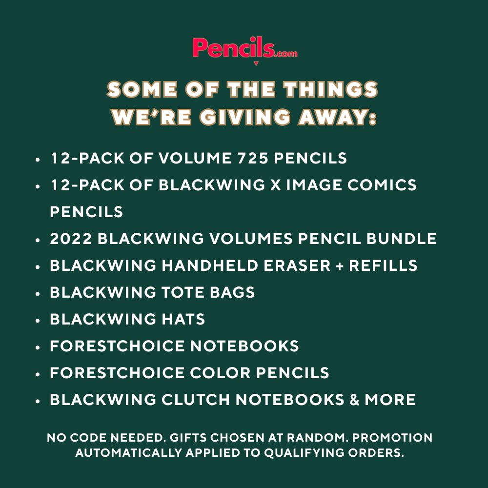 pencilscom's tweet photo. Gifts include a pack of Blackwing Vol. 725 pencils, other archive Blackwing Volumes sets, Blackwing Apparel, ForestChoice Notebooks &amp; more! Shop now at https://t.co/waL5dVaAMz
—
*Free gifts will be chosen at random &amp; automatically included for orders of $25+. No code needed. https://t.co/4rYs5pXRCR