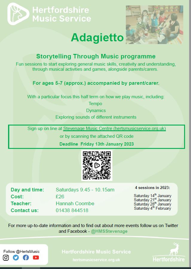 Sign up for our amazing music classes for ages 5-7! Learning music through play - what's not to like?
Sign up using the QR code to book your place.