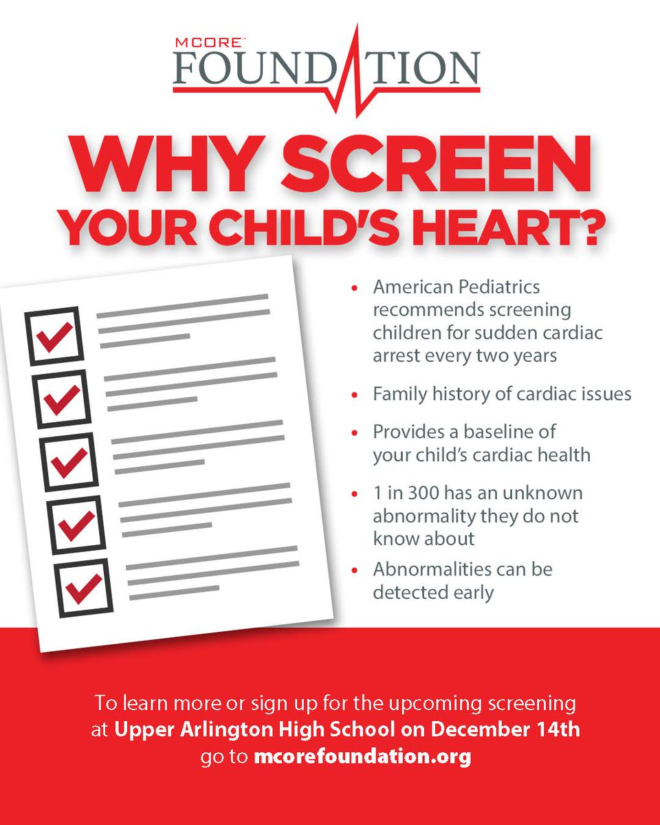 LAST REMINDER! Do not miss the opportunity to have your child participate in the preventative cardiac screening program for Upper Arlington High School on Wednesday December 14th. Some spots still available at mcorefoundation.org #ScreeningsSaveLives