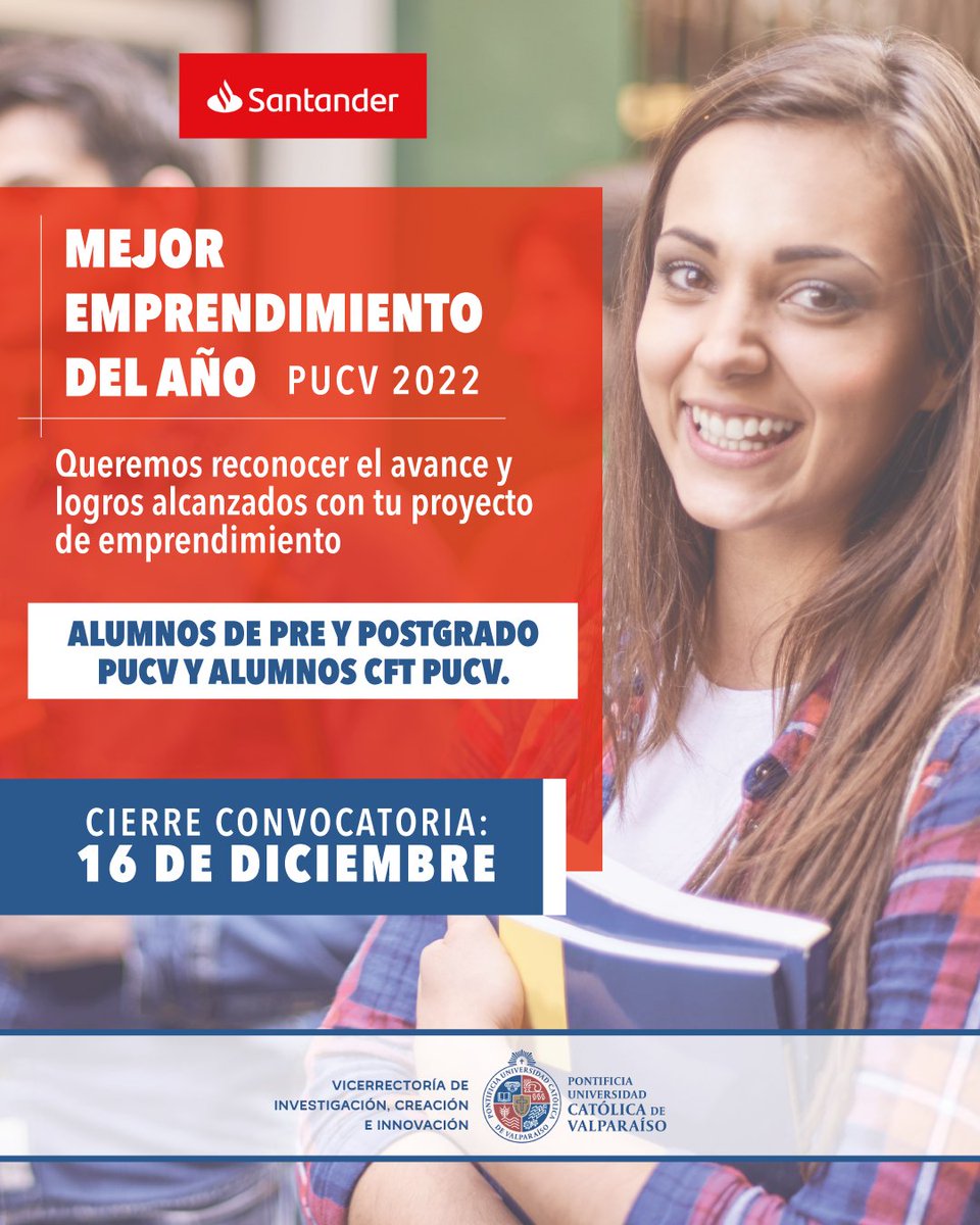 🔴 La Dirección de Innovación junto a Santander Universidades tienen dos convocatorias para estudiantes de pre y postgrado <a href="/pucv_cl/">PUCV</a> o alumno/a 
<a href="/cftpucv/">CFT PUCV</a> con espíritu emprendedor 💪
📌 Conoce más sobre estas convocatorias en el siguiente link 🔽🔽🔽
pucv.cl/uuaa/concursos…
