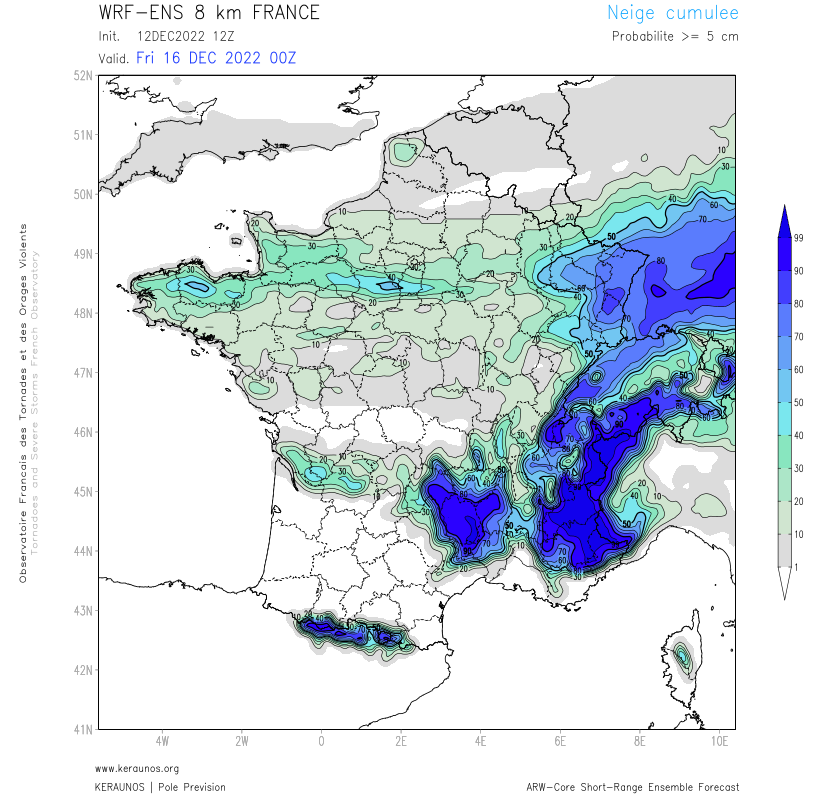 Un épisode neigeux est envisagé dans la zone de contact entre air chaud et air froid entre mercredi et jeudi. L'incertitude est encore significative sur un axe Bretagne/bassin parisien/Alsace. La probabilité de couche > 5 cm est plus importante côté nord-est. #neige 