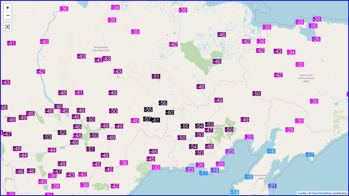Les températures sont descendues jusqu'à -61°C à Ojmjakon ces dernières 24h. Le record de froid mensuel s'établit à -62,8°C en décembre 1984. Carte Ogimet. 