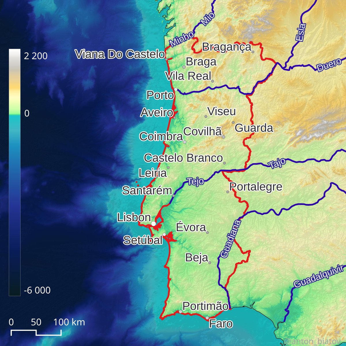 The continental part of Portugal is located in the southwestern part of the Iberian Peninsula.
Data source: #ETOPO1, #naturalearth
.
#gisnaturalist
.
#Portugal #natureportugal #iberian #iberianpeninsula #elevationmap #qgis #gis #hillshade #mapping #opendata
