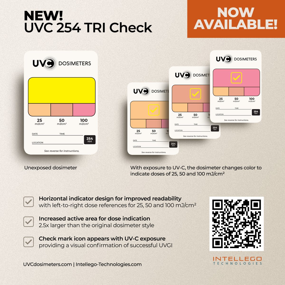 The NEW UVC254 TRI Check is now available! The updated design features a larger indicator area and a check mark that appears with exposure to UV-C energy. For details or to request a quote, visit bit.ly/3FKNmQq #uvc #uvgi #validation #seeyoursuccess #healthcare