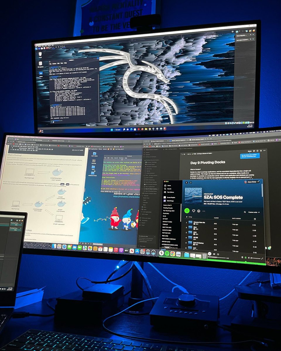 TheViciousChxld's tweet photo. Back from Advent Cyber Day 9 😅  Networking Pivoting on a vulnerable web application #cyber #networking #docker #metasploit #msfvenom #Meterpreter #kalilinux #linux #vulnerablities #ethicalhacking #cybersecuritytraining #cybersecurity #webapplicationsecurity #desksetup https://t.co/t8dGX4JgSu