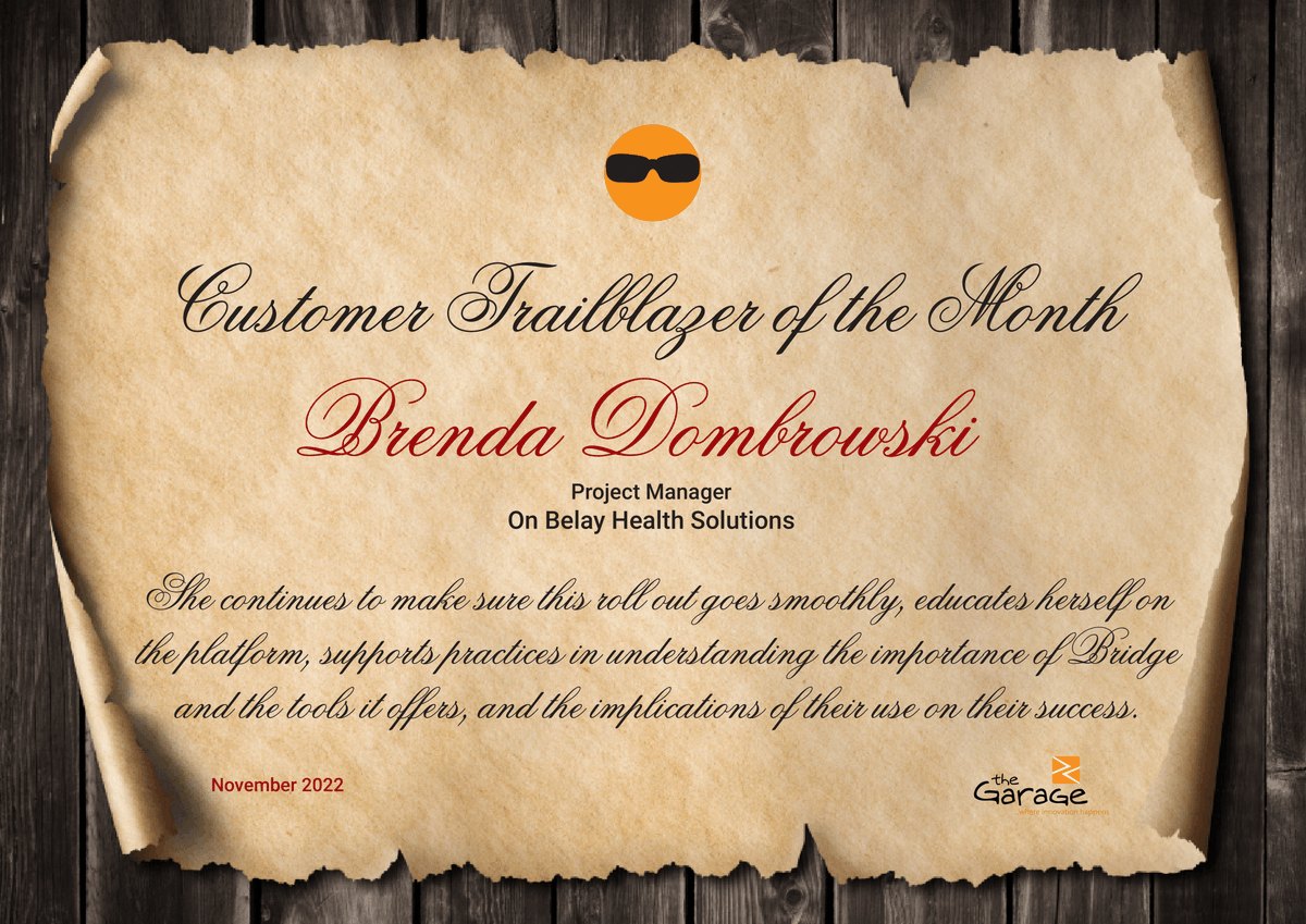 TheGarageIn's tweet photo. Congratulations to our November Customer Trailblazer, Brenda Dombrowski, Project Manager at On Belay Health Solutions!
#CustomerSuccess #NorthStar #inspiration #Trailblazer #changinghealthcareforgood https://t.co/kzhPbL32g4