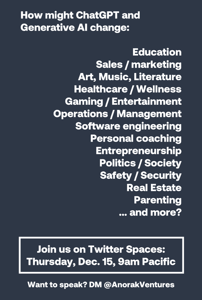 It's clear that ChatGPT "changes everything" -- but how? Join us this Thursday, December 15th at 9am Pacific for an informal discussion of the opportunities created by ChatGPT and generative AI. 

Twitter Spaces link: x.com/i/spaces/1rmxP…
