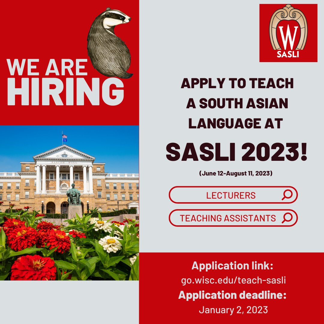 Interested in a lecturer or teaching assistant position at SASLI 2023? Apply by January 2, 2023 to be considered👉go.wisc.edu/teach-sasli