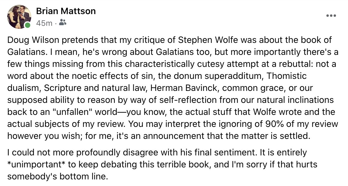 FYI, in reply to Doug Wilson's rebuttal of my critical review of Stephen Wolfe's book.