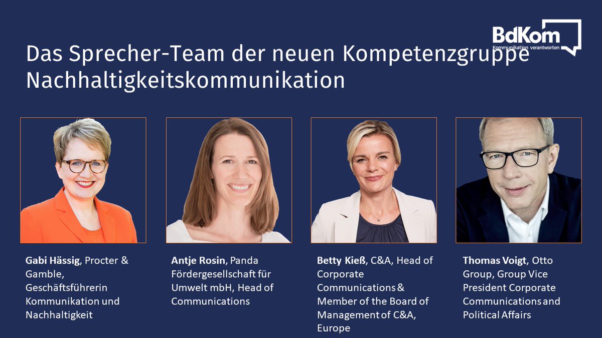 bdkom's tweet image. Der BdKom schafft mit der neuen KG Nachhaltigkeitskommunikation ein Angebot, sich zu vernetzen, auszutauschen und gemeinsam nach kommunikativen Lösungen zu suchen. Gabi Hässig, Betty Kieß, Antje Rosin und Thomas Voigt bilden das neue Sprecherteam. bdkom.de/aktivitaeten/m…