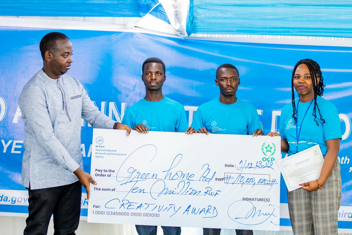 RwandaIndustry's tweet photo. GREEN HOME Ltd: Made up of three students from @IPRCKarongi .Trio emerged the overall winner and bagged Rwf10million that will be used to improve more their products. They produced cow dung briquettes making machine. https://t.co/7iohnkeuk9