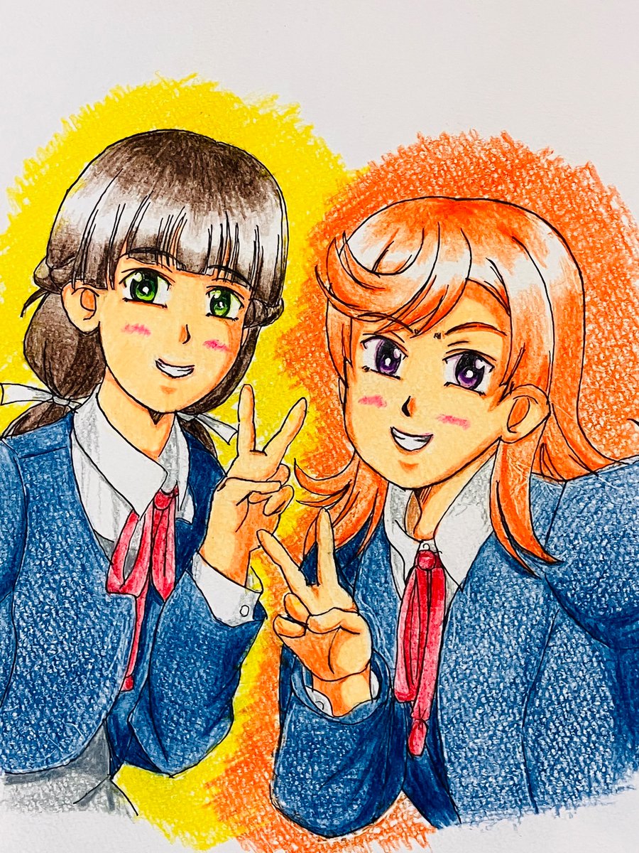 multiple girls 2girls school uniform yuigaoka school uniform orange hair green eyes v  illustration images