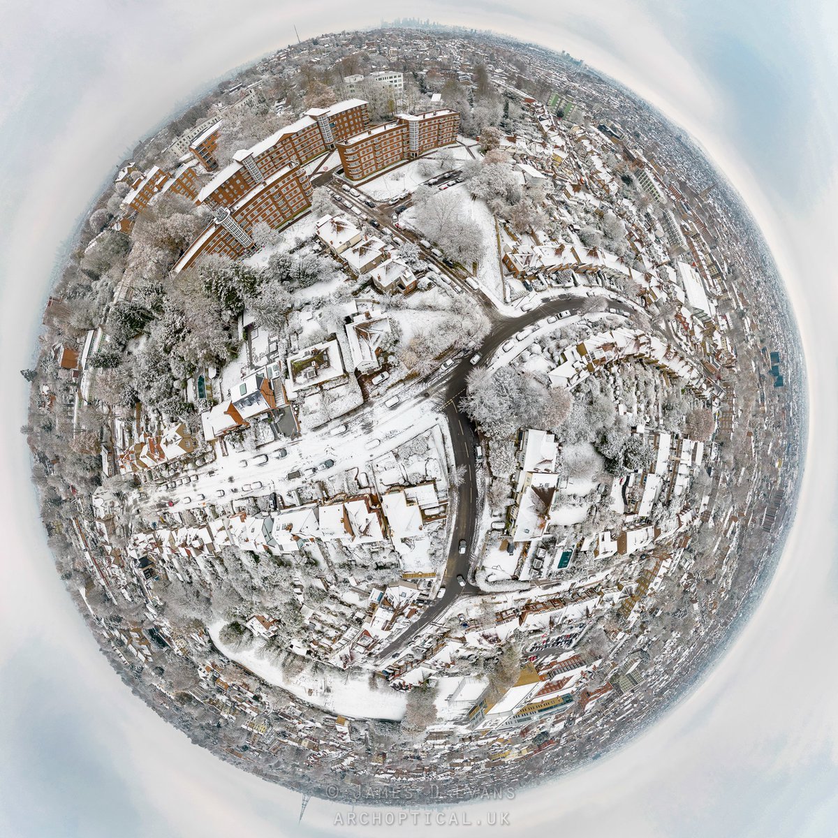 Thorpewood Avenue Mini-Planet, Sydenham / Forest Hill.  #thorpewoodavenue #foresthillward #sydenham #miniplanet #djimini3pro #aerialphotography #snow #snowday #snowuk #londonsnow #londonweather #southeastlondon #se26 #photography #dronephotography #aerialphotography