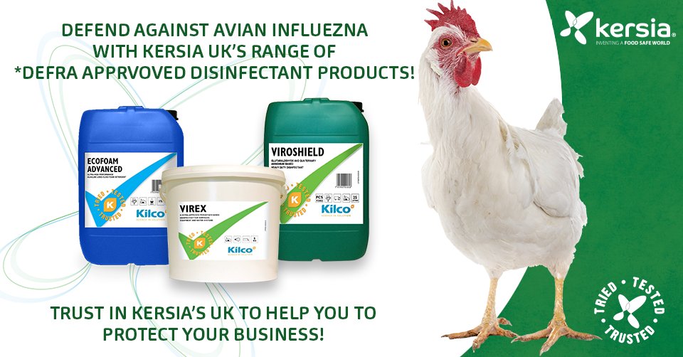 #KERSIAUK are here to help your business deal with the huge impact of Avian Influenza.  
Call your Kersia Poultry Area Manager 01576 205480.
#Virex &amp; #Viroshield-DEFRA Approved for 'Diseases of Poultry Order and the Avian Influenza and Influenza of Avian Origin in Mammals Order'
