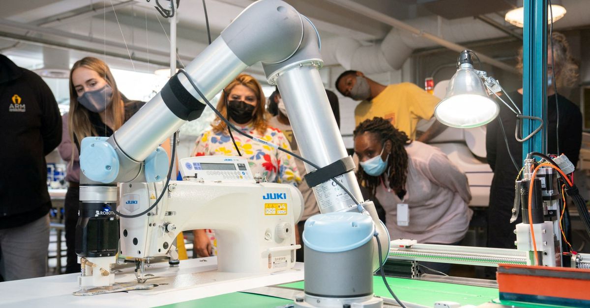 Reuters's tweet photo. Robots set their sights on a new job: sewing blue jeans https://t.co/W5CbkHipv0 https://t.co/dSJXHb4P0J