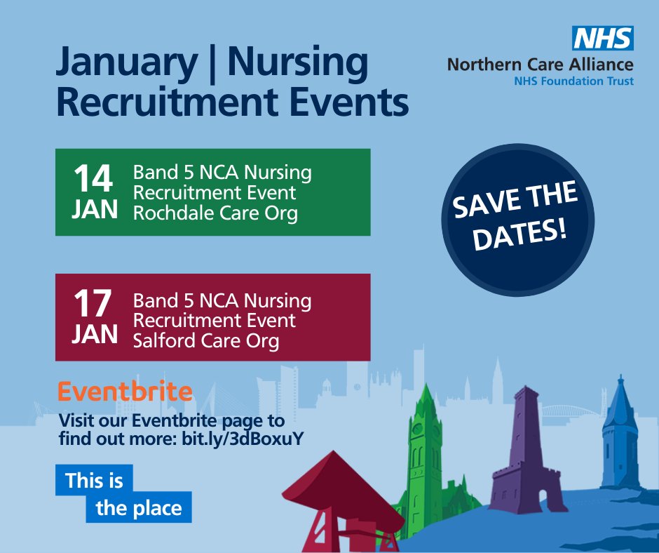 We have two Nursing Recruitment Events coming up in January for <a href="/RochdaleCO_NHS/">Rochdale Care Organisation</a> &amp; <a href="/SalfordCO_NHS/">Salford Care Organisation</a>!

Qualified or soon to qualify #Nurse? Come along and find out your options with the <a href="/NCAlliance_NHS/">Northern Care Alliance NHS Foundation Trust (NCA)</a>!

Rochdale: eventbrite.co.uk/e/483065681457
Salford: eventbrite.co.uk/e/483088399407

#NCACareers