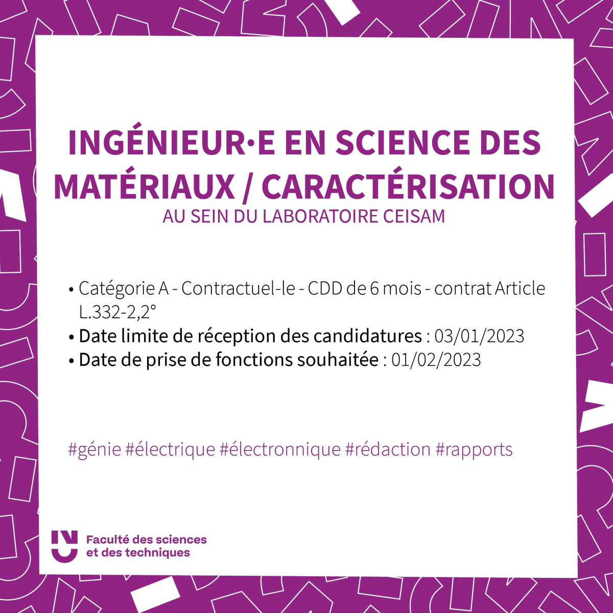 FacSciencesNtes's tweet photo. [💼 #Recrutement] La @FacSciencesNtes de @nantesuniv recrute !

➡️ Gestionnaire de #formations pour #Masters
➡️ Gestionnaire #financier.e "Recherche"
➡️ Ingénieur·e en #science des matériaux/caractérisation au @CeisamLab

ℹ https://t.co/4xSGzylc4i

#nantesuniv #fstnantes #emploi https://t.co/27FJWVXTzy