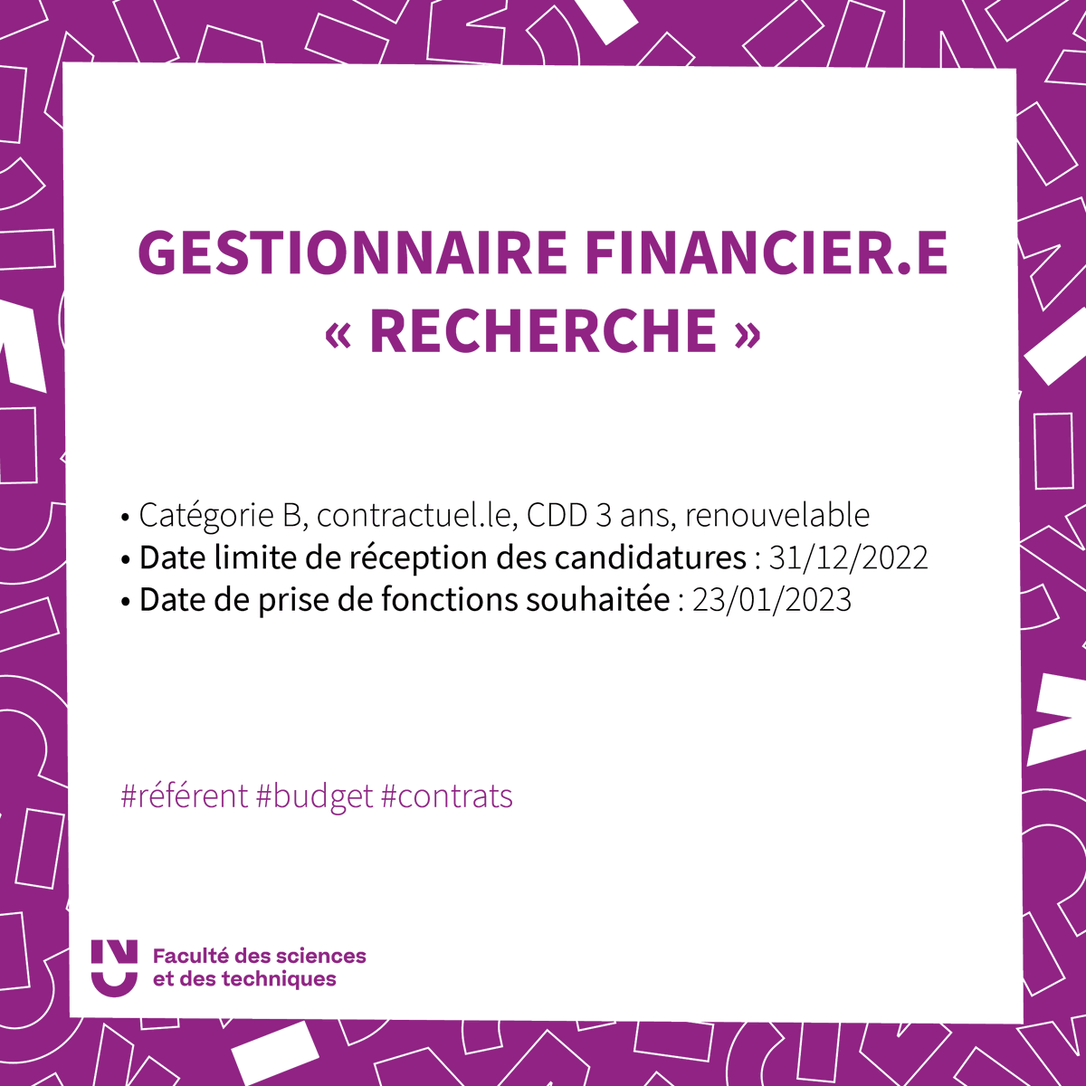 FacSciencesNtes's tweet photo. [💼 #Recrutement] La @FacSciencesNtes de @nantesuniv recrute !

➡️ Gestionnaire de #formations pour #Masters
➡️ Gestionnaire #financier.e "Recherche"
➡️ Ingénieur·e en #science des matériaux/caractérisation au @CeisamLab

ℹ https://t.co/4xSGzylc4i

#nantesuniv #fstnantes #emploi https://t.co/27FJWVXTzy