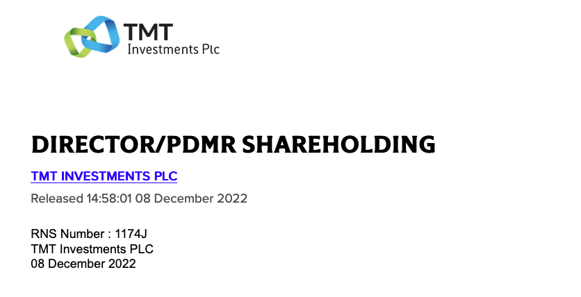 TMT_PLC's tweet photo. 🔖 RNS Announcement: Director/PDMR Shareholding. Alexander Selegenev, Executive Director, purchases 36,364 shares in @TMT_plc at US$2.75 per share (equivalent to $100,001). Read the recent RNS Announcement here
https://t.co/vRzLMuC1wx
#TMT #PDMR #scaleup #VC #techstocks #tech https://t.co/EbjevK4LYd