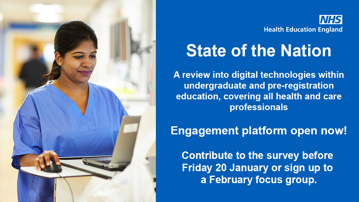 Contribute to the #StateoftheNation review today. Share your thoughts and ideas on the role of digital technologies in health and care education. Survey open now until Friday 20 January!
Visit orlo.uk/iT3CS