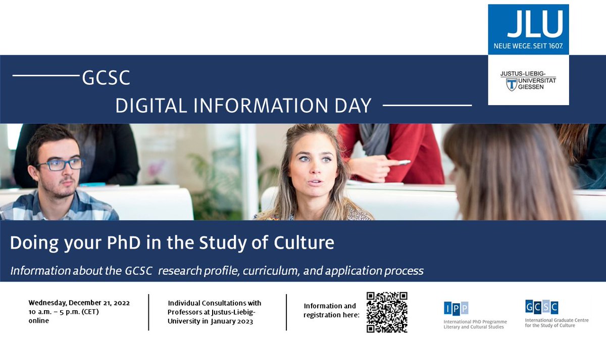 GCSC_JLU's tweet photo. #SaveTheDate for our Digital #GCSCinfoday! ⛄ Prior to a well-deserved winter break, we invite everyone interested in pursuing a PhD in #CulturalStudies to meet #GCSCdocs, the #GCSCteam &amp; @jlugiessen professors.

📅 Dec 21, 2022
📍 Online
ℹ️ Registration: https://t.co/pI56bFag5o https://t.co/ZJe2bCCbSM