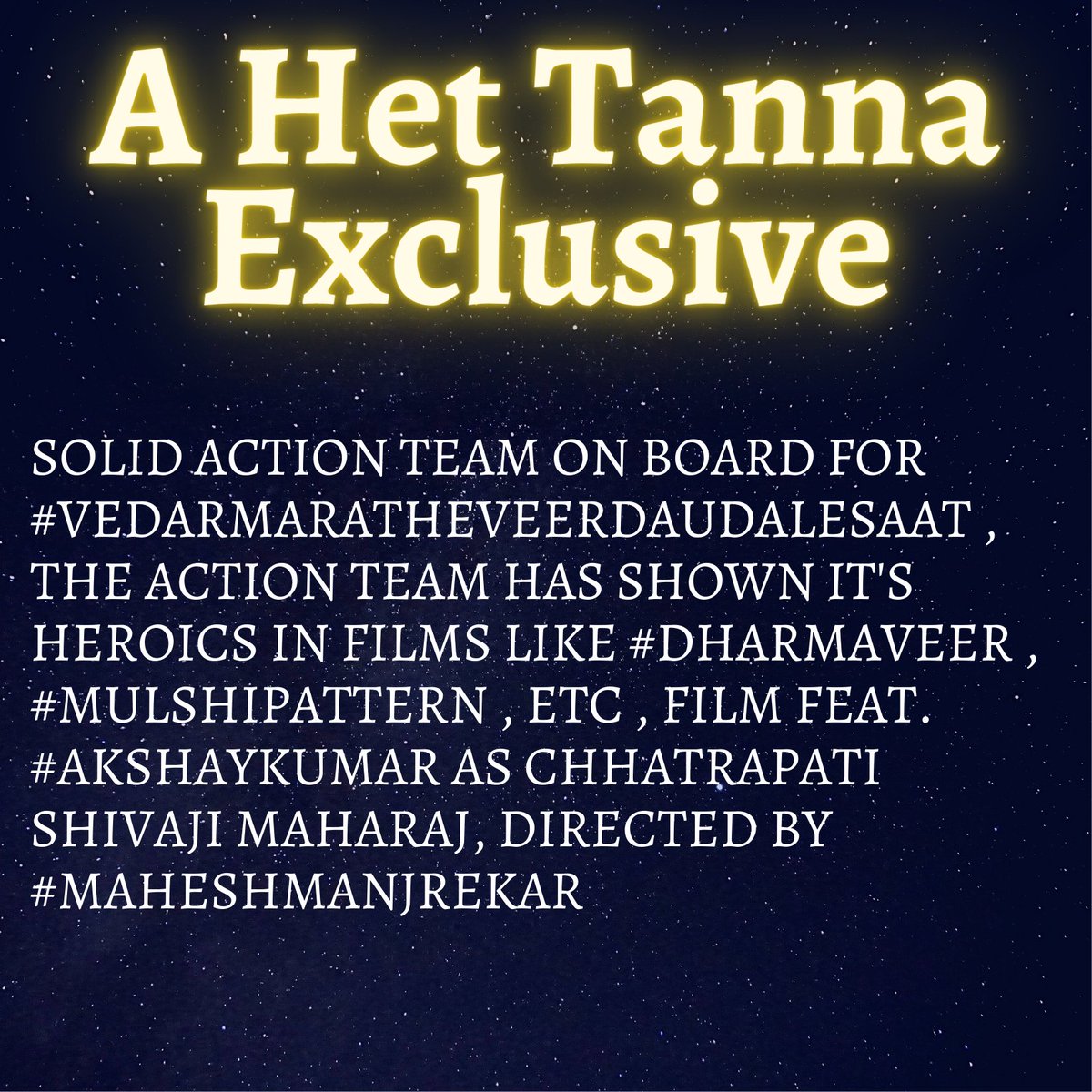 Xclusiv :-
SOLID ACTION TEAM on board for #VedarMaratheVeerDaudaleSaat , the action team has shown it's heroics in films like #DharmaVeer , #MulshiPattern , etc , film feat. #AkshayKumar as CHHATRAPATI SHIVAJI MAHARAJ, directed by #MaheshManjrekar 💥💥🔥🔥

@akshaykumar