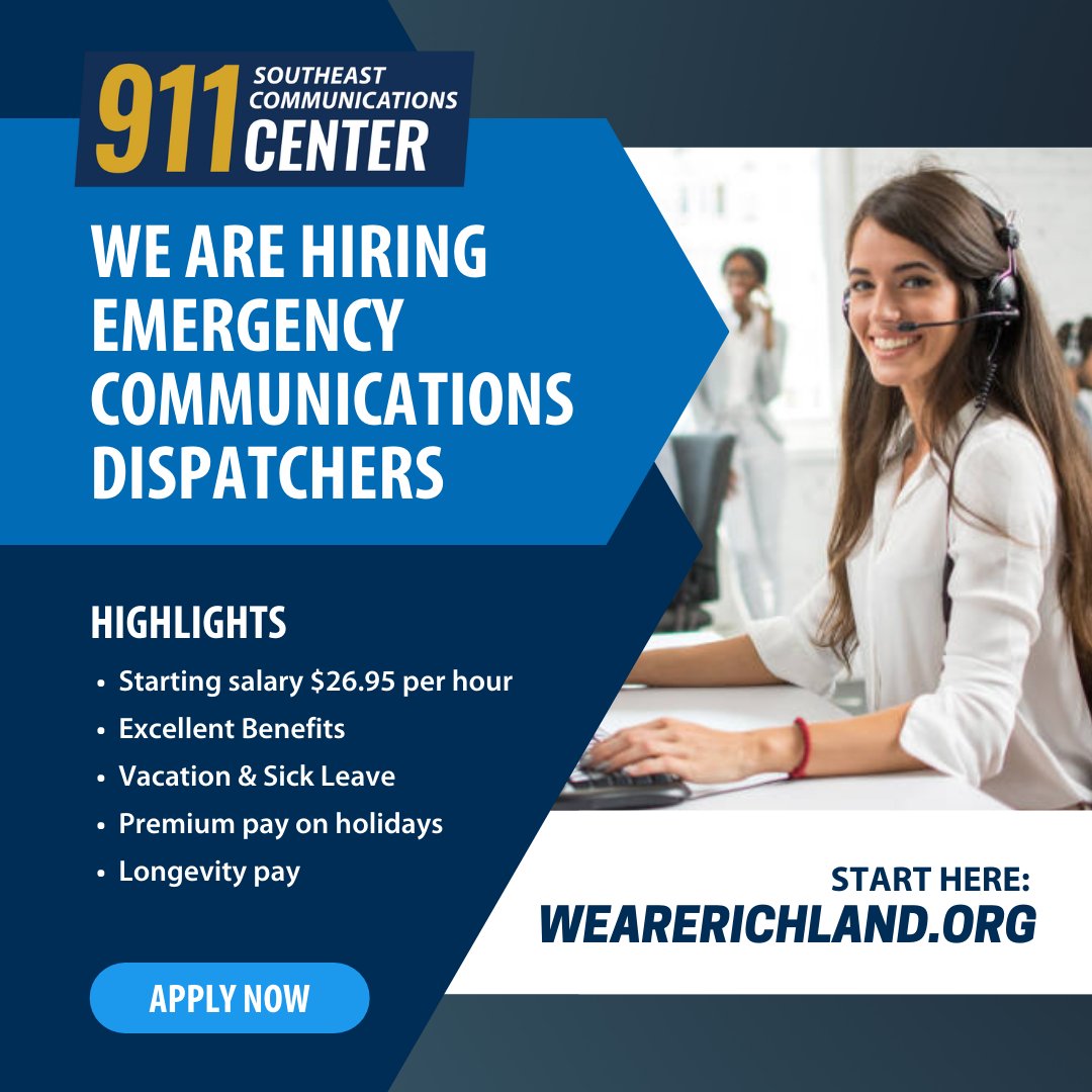RichlandWA's tweet photo. Yes, You CAN Be an Emergency Dispatcher!
-Starting Pay $26.95/Hour  
-HS Diploma or GED
-Typing 35 WPM 
-Paid Training
Full Benefits &amp; Pension Plan 
You Can Do It 
Applied Before? Well, Apply Again!
Details at https://t.co/RWBGqHpfkk
See 911 Video https://t.co/4joGiV2URo https://t.co/EpE8Sn4ox6