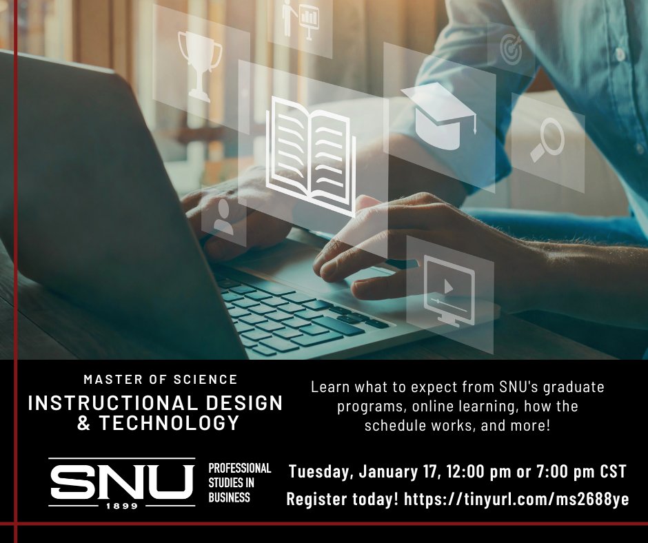 snuforadults's tweet photo. Join us for a virtual info session exploring our Master of Science in Instructional Design and Technology - Tuesday, January 17, 12:00 pm or 7:00 pm CST
Register today! https://t.co/jEibZqIowu https://t.co/FWf8j0XJ0a
