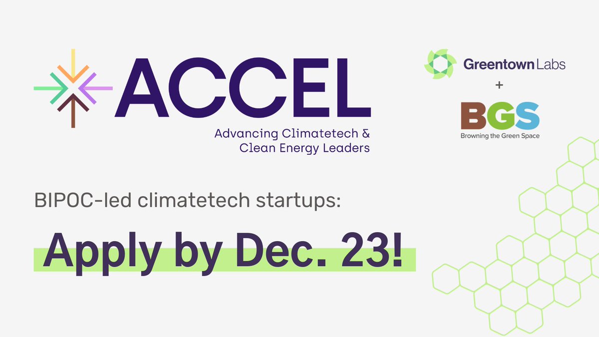 Greentown Labs (@greentownlabs) on Twitter photo Calling all BIPOC-led #startups: apply by 12/23 for #ACCEL, our accelerator with <a href="/BGSMatters/">Browning the Green Space</a> and supported by <a href="/BarrFdn/">Barr Foundation</a> and <a href="/MassCEC/">Massachusetts Clean Energy Center</a> to foster diversity, equity, inclusion, and justice in climatetech! Learn more: bit.ly/applytoACCEL Calling all BIPOC-led #startups: apply by 12/23 for #ACCEL, our accelerator with <a href="/BGSMatters/">Browning the Green Space</a> and supported by <a href="/BarrFdn/">Barr Foundation</a> and <a href="/MassCEC/">Massachusetts Clean Energy Center</a> to foster diversity, equity, inclusion, and justice in climatetech! Learn more: bit.ly/applytoACCEL