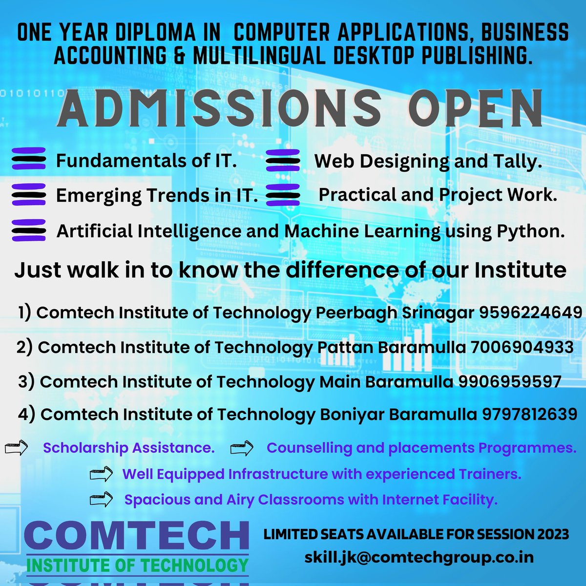 ComtechGroupInd's tweet photo. Get yourself enrolled in various Job Oriented Training Courses at your nearest Comtech Institute of Technology Skill Development Centre.
#skilldevelopment #skillindiamission
#skillindia #comtechinstituteoftechnology #computerdiploma #placement #JammuAndKashmir #Srinagar https://t.co/uIR0sWoNYv